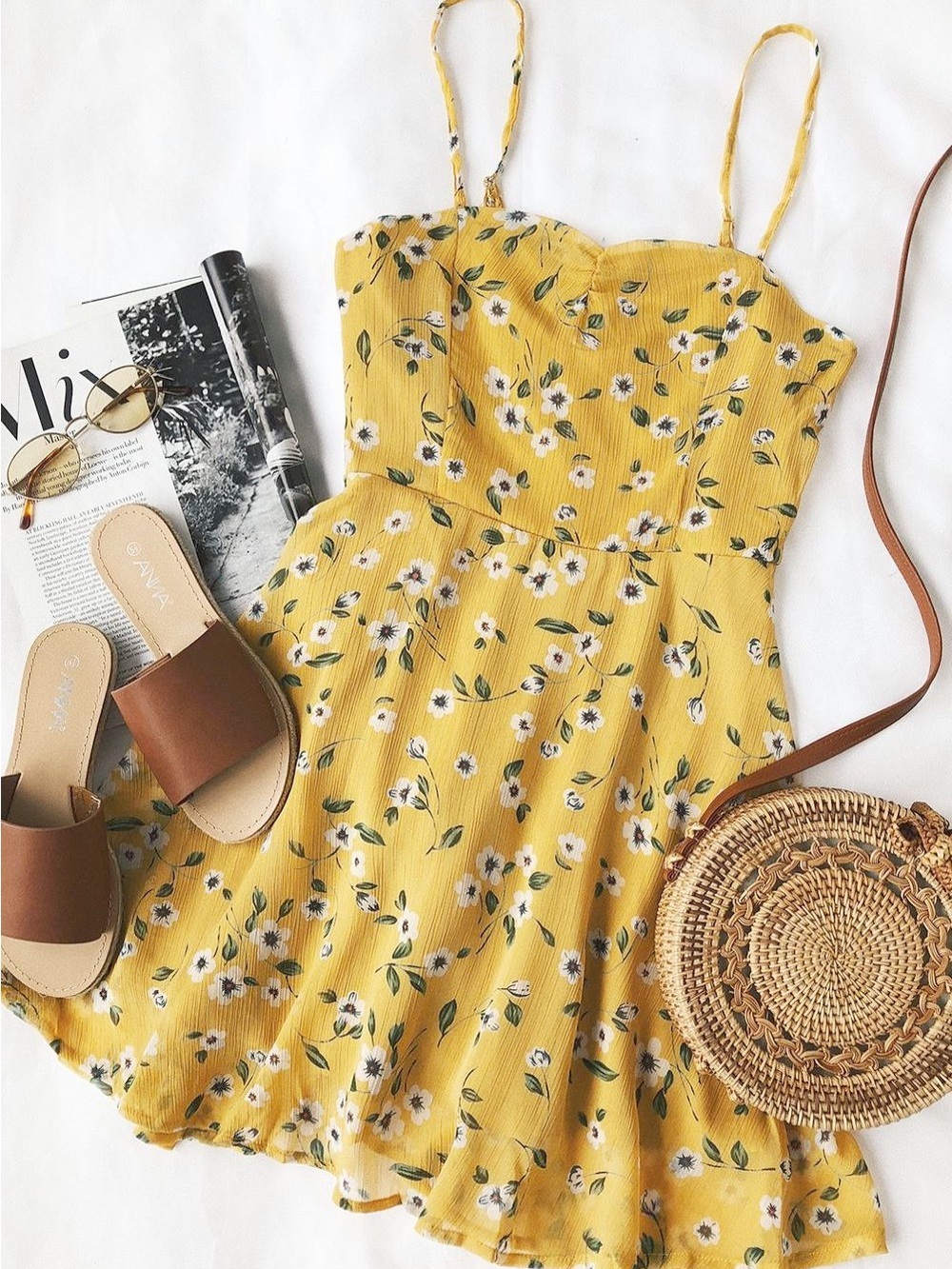 Lulu's Yellow Floral Spaghetti-Strap Mini Dress